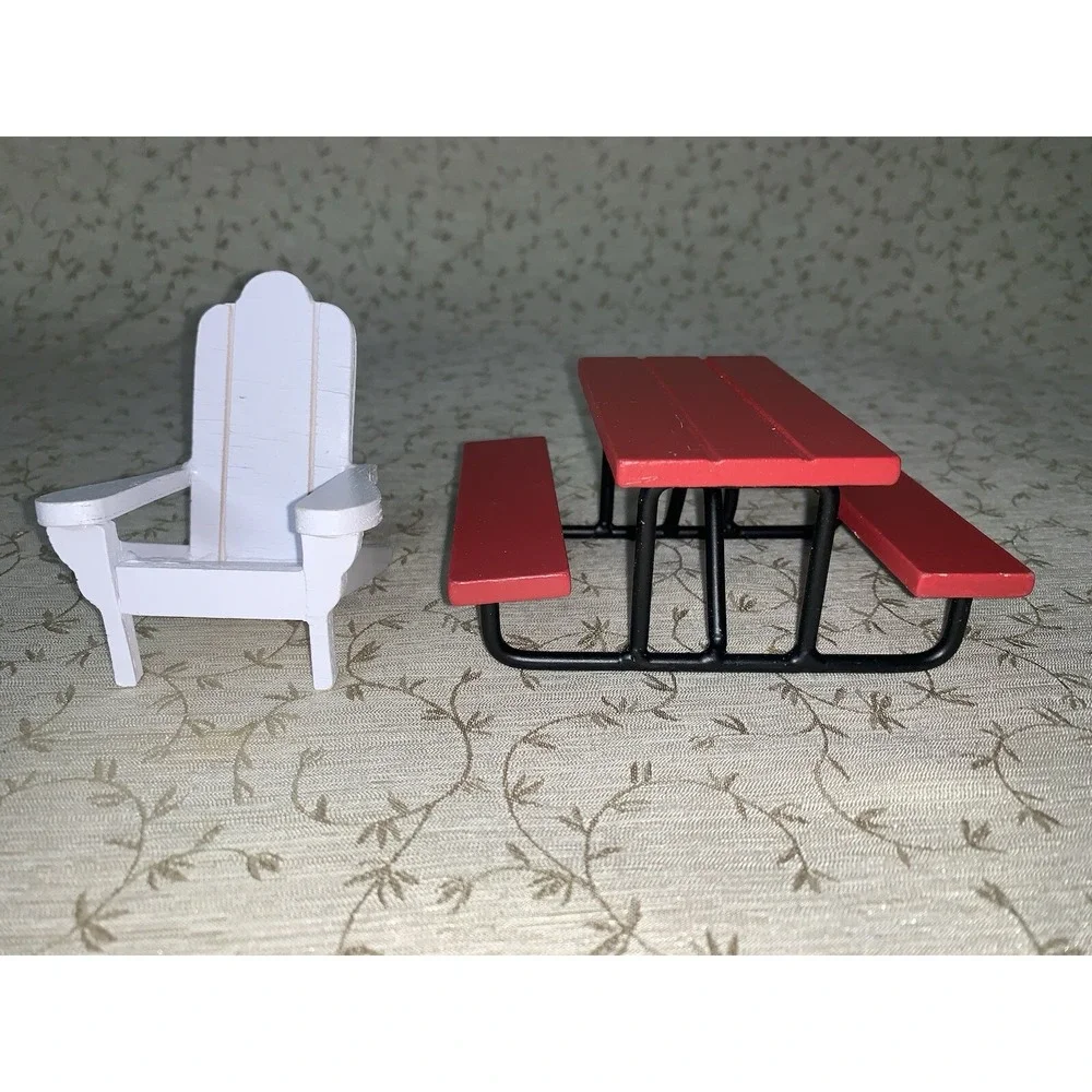 Dollhouse Picnic Furniture Outdoor Red Wood Picnic Table, Adironback Wood Chair